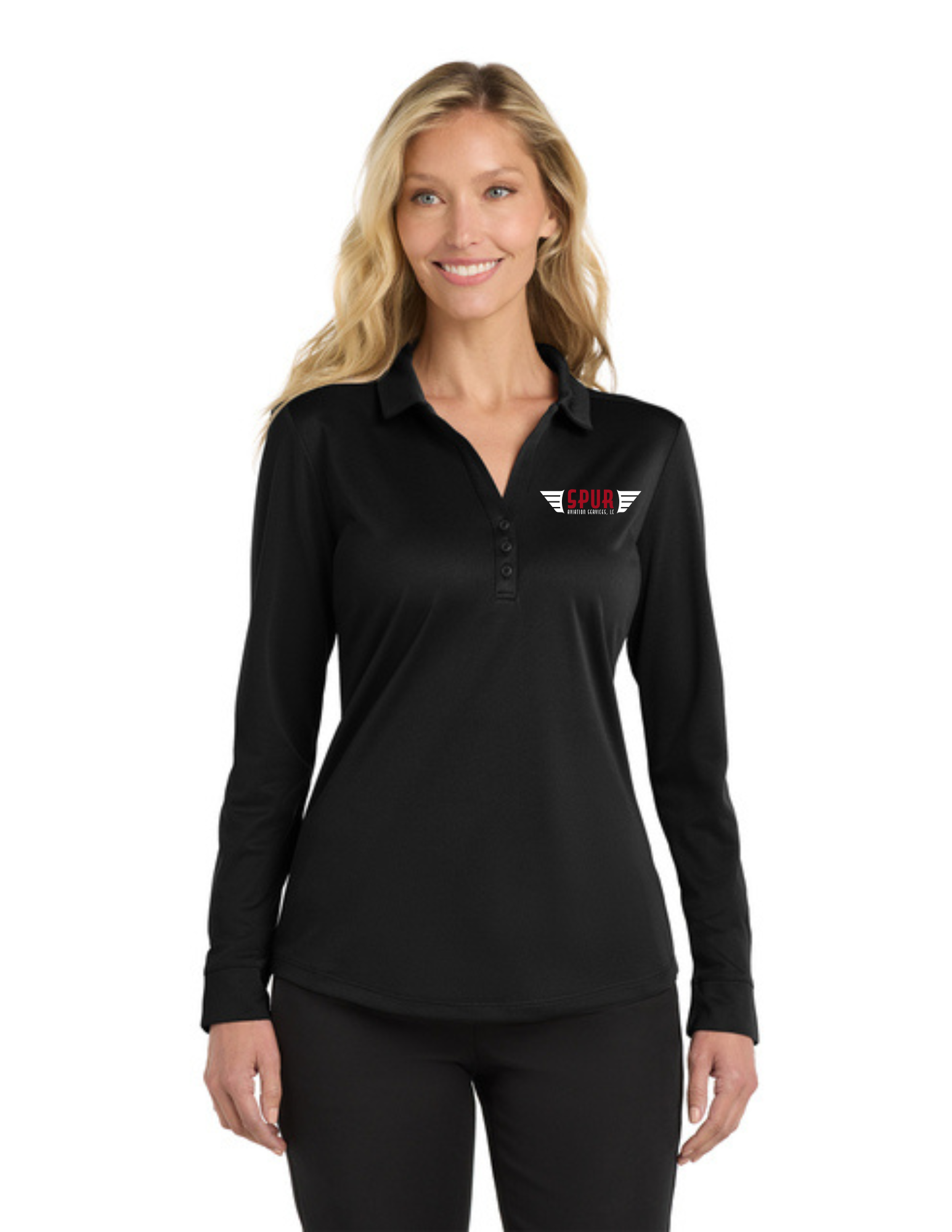 Port Authority® Women's Silk Touch™ Performance Long Sleeve Polo w/ Embroidery - BLACK