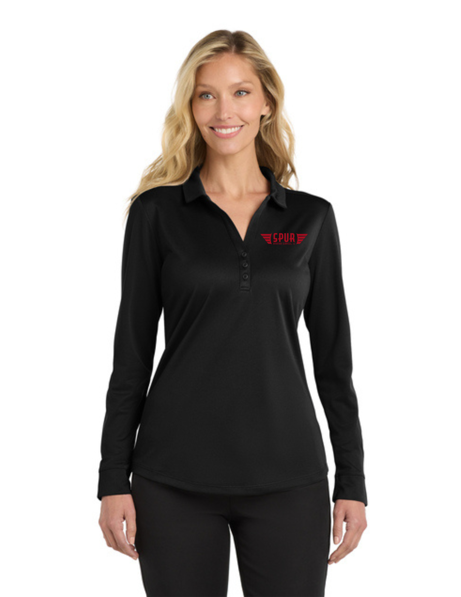 Port Authority® Women's Silk Touch™ Performance Long Sleeve Polo w/ Embroidery - BLACK