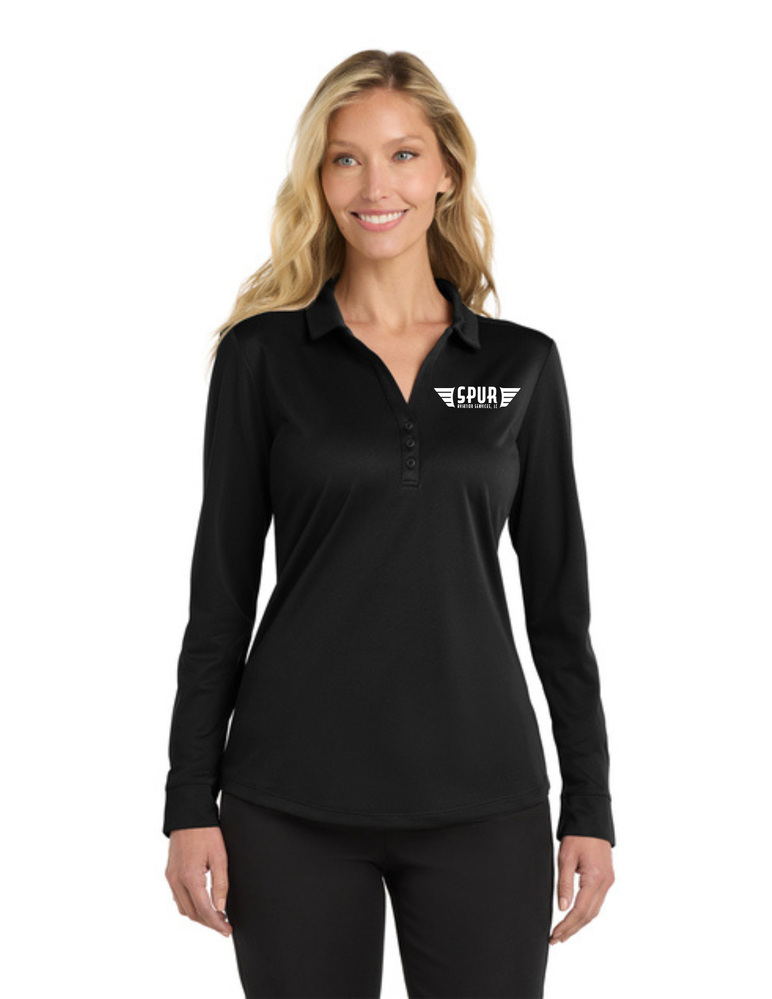 Port Authority® Women's Silk Touch™ Performance Long Sleeve Polo w/ Embroidery - BLACK