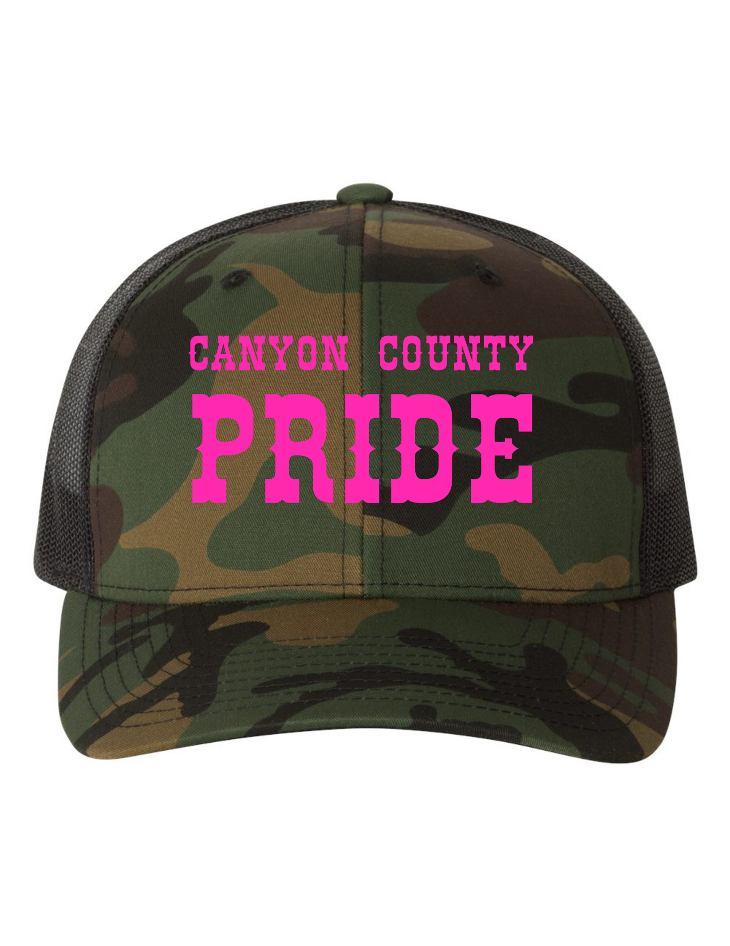 "CANYON COUNTY PRIDE" Trucker Snapback Hat w/ Embroidery (CAMO/BLACK)