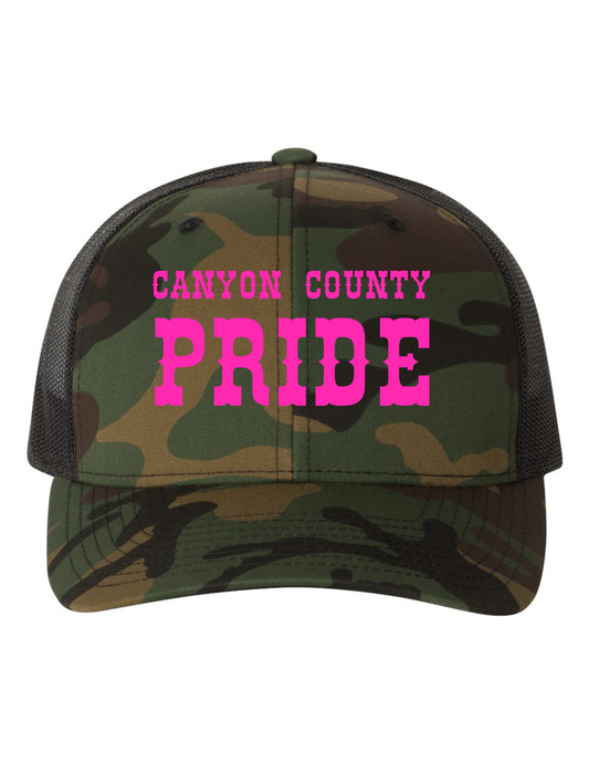 "CANYON COUNTY PRIDE" Trucker Snapback Hat w/ Embroidery (CAMO/BLACK)